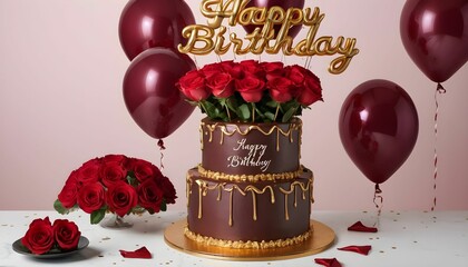Happy birthday party balloons with roses heart 3d render maroon and gold 