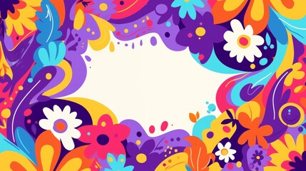 groovy happy summer floral frame for social media, greeting card, blank space for text in the center, sales promotion banner with colorful flat design style
