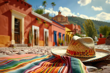 sombrero and poncho on the ground in front of Mexican village - obrazy, fototapety, plakaty