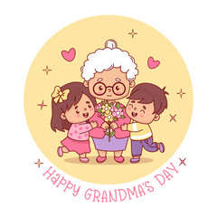 Happy grandma's day card. Cute holiday elderly woman with grandchildren and bouquet flowers. Vector illustration 