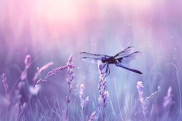 : A calming lavender background with a single dragonfly perched on a delicate blade of grass.