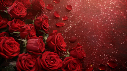 Roses with glitter bokeh background. Copy space.