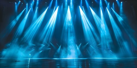 Abstract and Atmospheric: Vibrant Blue Stage Lights Illuminate an Empty Concert Venue. Concept Concert Venue, Stage Lights, Atmosphere, Vibrant Blue, Abstract - obrazy, fototapety, plakaty