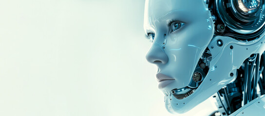 A humanoid robot face on a light background with copy space, banner for theme related to robotics, artificial intelligence, technological or mechanical illustrations, components of a machine