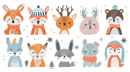 Set of cute winter smiling animals. Cartoon zoo. Vector illustration. Posters for the design of children products in scandinavian style 