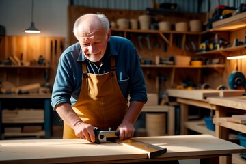 Elderly male carpenter happy in carpentry workshop - obrazy, fototapety, plakaty