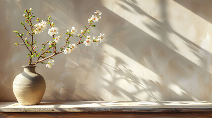  Spring blossom twigs in vase on table, soft shadows on wall