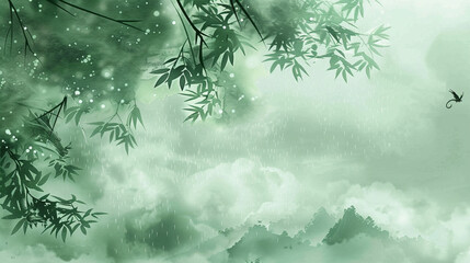 Green chinese-style ink background, spring, continuous drizzle