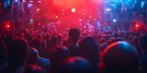 Crowded Indian nightclub with people enjoying a hiphop gig happy fans dancing and a joyful atmosphere. Concept Nightclub Vibes, Indian Crowds, Hip-Hop Gig, Dancing Fans, Joyful Atmosphere - obrazy, fototapety, plakaty