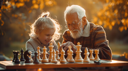 cheerful grandpa Teaching children to play chess.