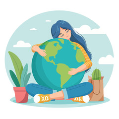 Fototapeta na wymiar Caring girl gently hugging the the planet earth. Earth day. Vector illustration