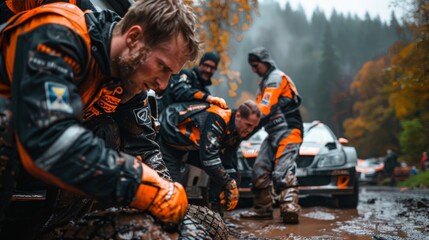 Fototapeta premium Diverse supporting team in bright uniform pushing a stuck rally car out of mud. Enthusiastic athletes and technicians helping drivers to continue the race.