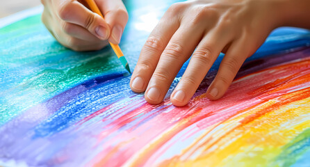 hands drawing colorful rainbow stripes on paper