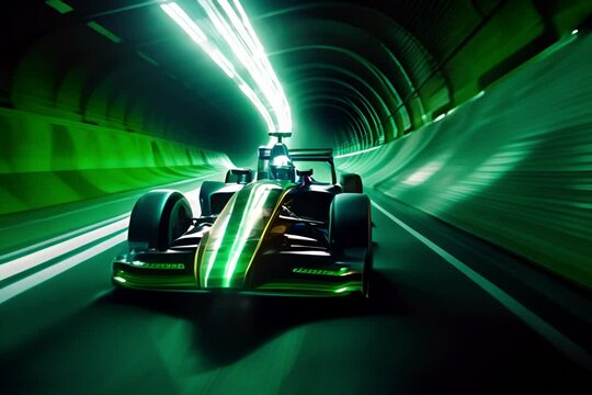 Neon green racing car driving trough a tunnel. Formula 1 sports car illustration	