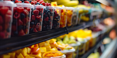 Assorted fresh fruits and berries in clear plastic containers on a supermarket shelf, vibrant, healthy eating