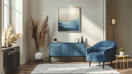 
Interior design of harmonized living room with blue commode, velvet armchair, coffee table, mock up poster frame, side table, decoration and personal accessories