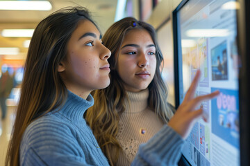 Two young Hispanic teenage women standing in front of an interactive touch screen in the school, teaching them self. Technology and digitally at classroom concept