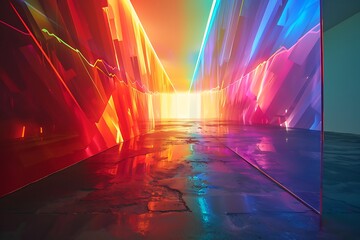 : A colossal prism refracts a beam of light, splitting it into a spectrum of vibrant hues that...