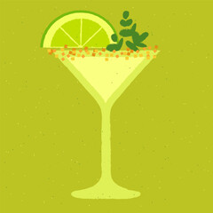 Green cocktail with lime, sugar, herbs. Lemonade with lime in martini glass. Gin tonic with tequila. Alcohol drink for bar. Non-alcoholic beverage. Flat vector illustration with texture