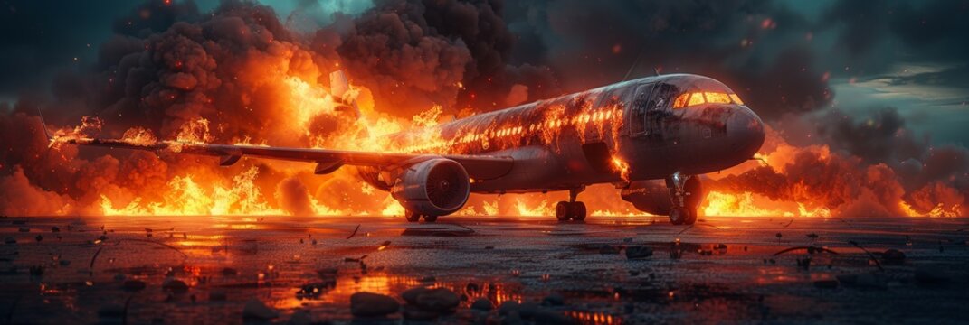 Visuals of plane crash concepts featuring a burning passenger plane on the tarmac