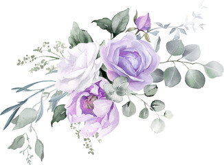 Watercolor floral bouquet. Violet flowers and eucalyptus greenery illustration isolated on transparent background.  Purple roses, lilac peony for card, wedding stationary, greetings, fashion design