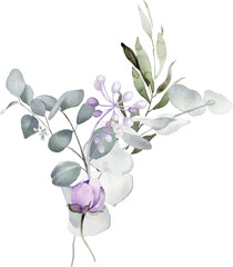 Naklejka na ściany i meble Watercolor floral bouquet. Violet flowers and eucalyptus greenery illustration isolated on transparent background. Purple roses, lilac peony for card, wedding stationary, greetings, fashion design