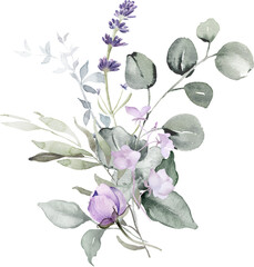 Watercolor floral bouquet. Violet flowers and eucalyptus greenery illustration isolated on transparent background.  Purple roses, lilac peony for card, wedding stationary, greetings, fashion design © Nataliya Kunitsyna