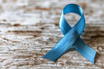 A blue ribbon is on a wooden surface