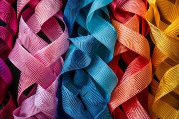 A row of colorful ribbons with different shades of blue, pink, yellow, and red - obrazy, fototapety, plakaty