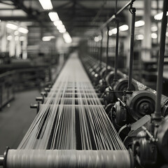 A black and white textile factory weaving machine 