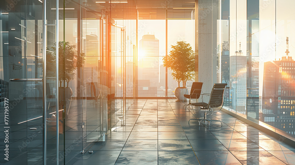 Poster a large open office space with a view of the city skyline. the room is filled with modern furniture 