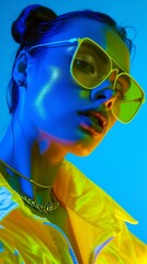 Portrait Of Stylish Woman In Green Sunglasses And Yellow Jacket On Blue Background. Closeup studio portrait of young fashionable woman with green sunglasses and yellow jacket on blue background. 