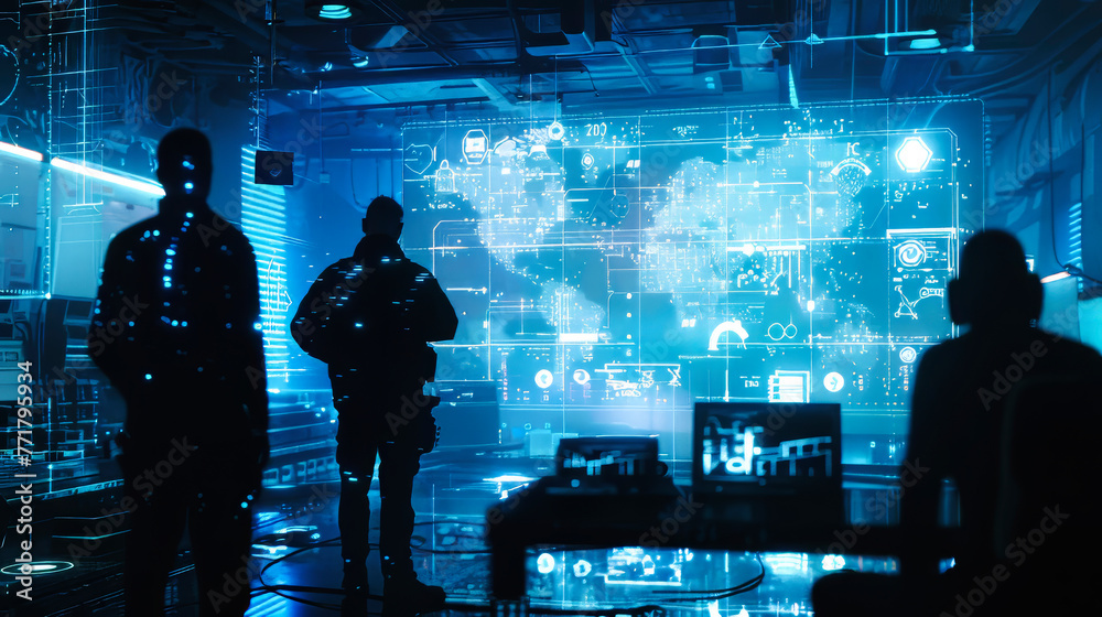Poster A group of people are standing in front of a computer screen with a blue background. The people are wearing black and the computer screen is displaying a map. Scene is serious and focused