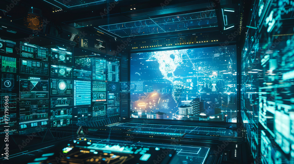Fototapete a computer room with a large screen showing a cityscape. the room is filled with monitors and the at