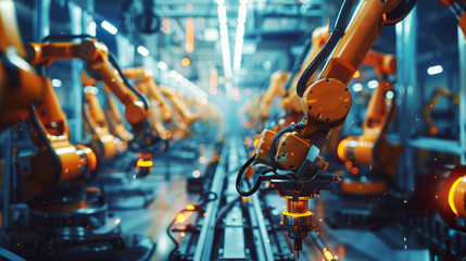 A factory with many robots in it. The robots are orange and are in motion. Scene is industrial and futuristic - obrazy, fototapety, plakaty