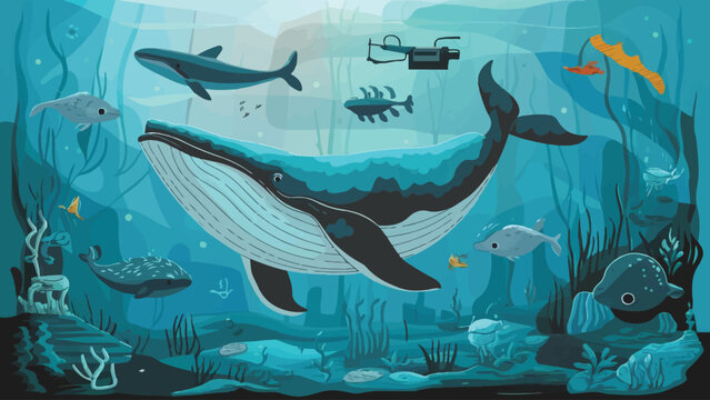 Flat Design Illustration: Whale and Marine Life Swimming in the Ocean