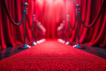 A red curtain with a red carpet leading to it - obrazy, fototapety, plakaty