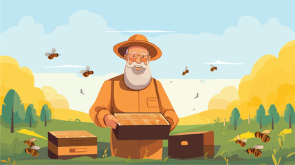 Beekeeper man with a honeycomb frame in his hands a