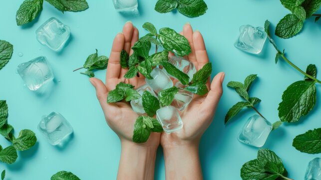 Iced Mint Refresh A Visual Feast of Coolness on Blue Background to Revitalize Your Senses. Experience the coolness of ice cubes and mint leaves in a serene blue setting. Radiate invigorating vibes.