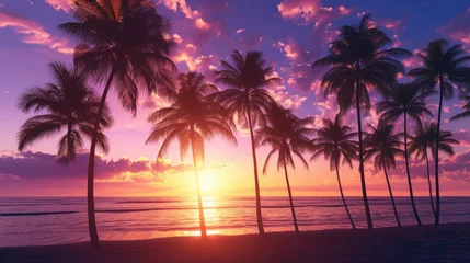 Fototapeten Silhouette Of Palm Trees Along The Shore At Sunset  Honolulu, Oahu, Hawaii, United States Of America © Art by Afaq