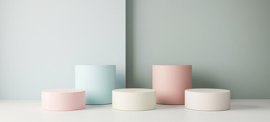 Minimalist Product Display with Pastel Podiums. Soft Tones Product Presentation on Colored Cylinders