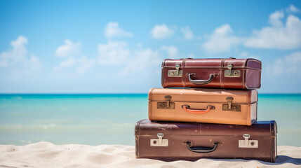 three Vintage suitcases stacked on a sandy beach with clear blue sky and blue sea in the background.