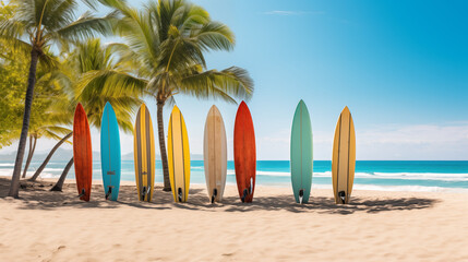 Tranquil row of surfboards on beach. Palms at beach travel and sport.