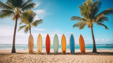 Tranquil row of surfboards on dream beach. Palms at beach travel.