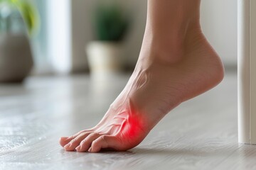 A woman's foot is red and swollen, with a bandage wrapped around it, pain concept