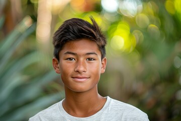 A young man with brown hair and a tan complexion is smiling for the camera