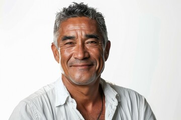 A man with a white shirt and gray hair is smiling