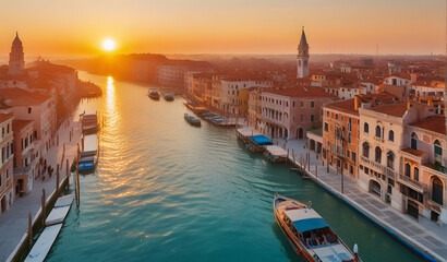 aerial flight down venice canal at sunrise in italy