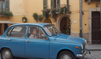 Old vintage cult car parked on the street by the restaurant, in Italy