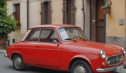 Old red vintage cult car parked on the street by the restaurant, in Italy